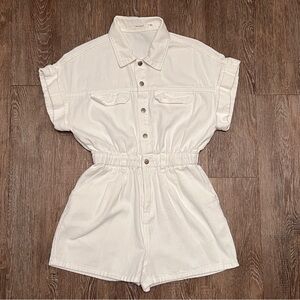 Idem Ditto White Denim Snap Button Romper Elastic Waist Size S